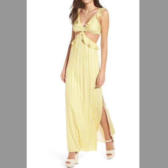 4SI3NNA Yellow and White Striped Cut Out Maxi Dress Ruffle Size Medium - Picture 1 of 6